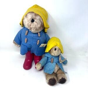 Paddington Bear Plush Vintage Set of 2 Eden 1981 1982 Red Rainboots Blue Coat
